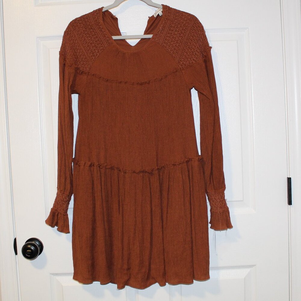 Anthropologie Moon River "Feeling Grateful" Babydoll rust-brown bohemian dress S